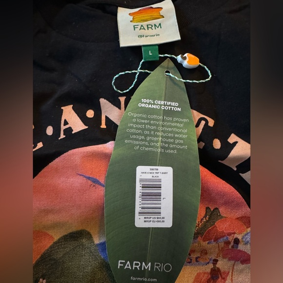 NWT FARM Rio Have A Nice Trip Organic Cotton T-Shirt in Black - Size Large - Picture 2 of 2